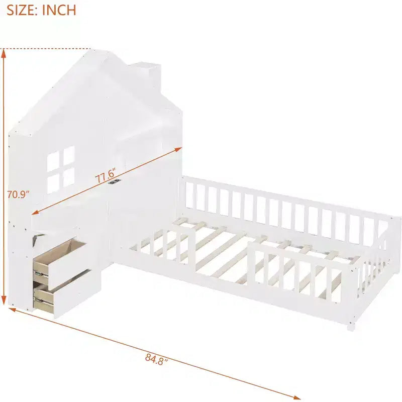 Letto a capanna singolo/a una piazza e mezza con finestra, base a piattaforma con cassetti laterali, mensole, set di prese e porta USB, Bianco