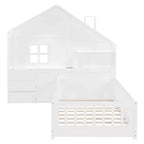 Letto a capanna singolo/a una piazza e mezza con finestra, base a piattaforma con cassetti laterali, mensole, set di prese e porta USB, Bianco