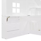 Letto a capanna singolo/a una piazza e mezza con finestra, base a piattaforma con cassetti laterali, mensole, set di prese e porta USB, Bianco