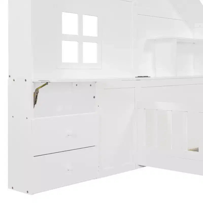 Letto a capanna singolo/a una piazza e mezza con finestra, base a piattaforma con cassetti laterali, mensole, set di prese e porta USB, Bianco