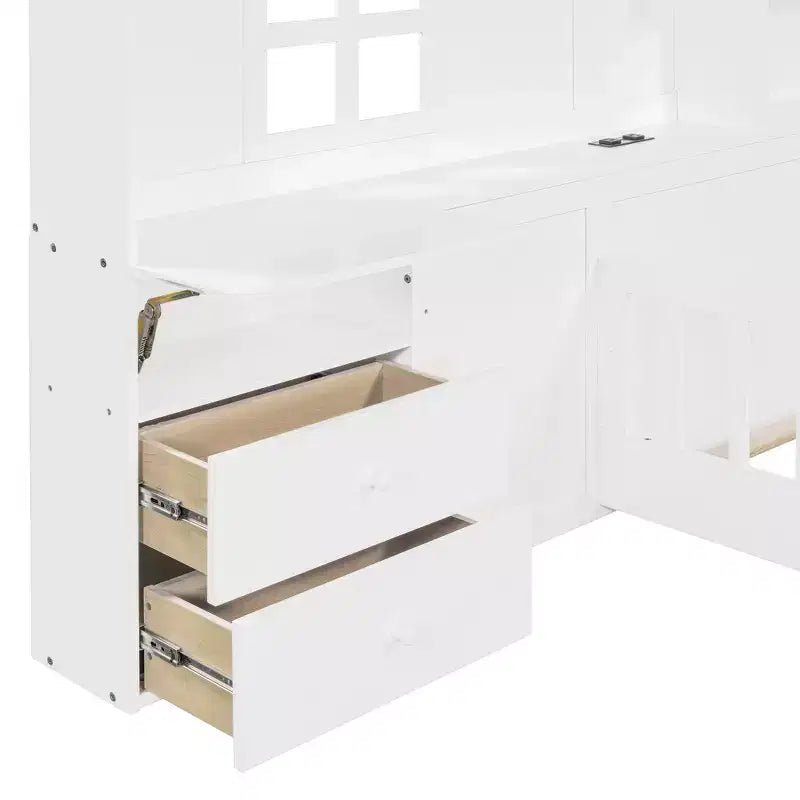 Letto a capanna singolo/a una piazza e mezza con finestra, base a piattaforma con cassetti laterali, mensole, set di prese e porta USB, Bianco