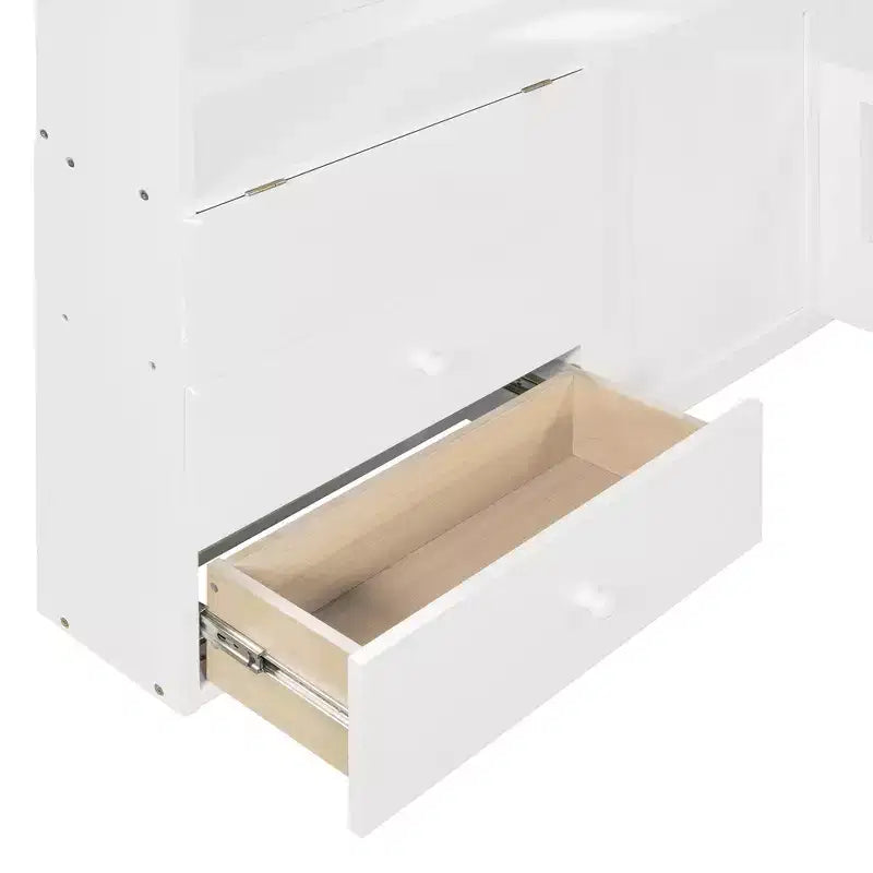 Letto a capanna singolo/a una piazza e mezza con finestra, base a piattaforma con cassetti laterali, mensole, set di prese e porta USB, Bianco