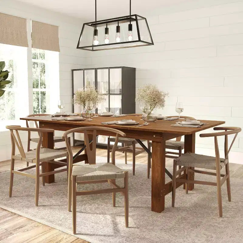 Sedia da pranzo impilabile con design a schienale a Y, struttura in legno massello, seduta in corda di carta kraft intrecciata