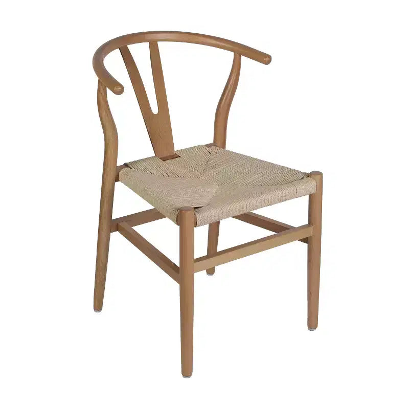 Sedia da pranzo impilabile con design a schienale a Y, struttura in legno massello, seduta in corda di carta kraft intrecciata
