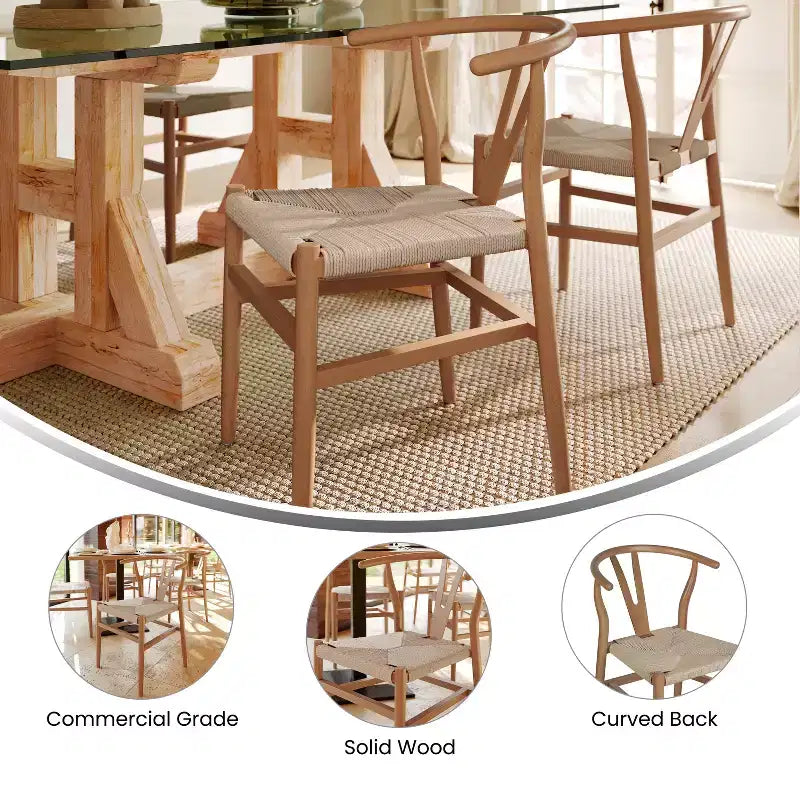 Sedia da pranzo impilabile con design a schienale a Y, struttura in legno massello, seduta in corda di carta kraft intrecciata