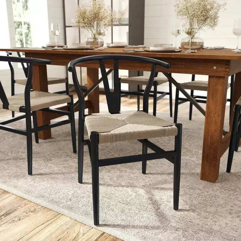 Sedia da pranzo impilabile con design a schienale a Y, struttura in legno massello, seduta in corda di carta kraft intrecciata