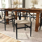 Sedia da pranzo impilabile con design a schienale a Y, struttura in legno massello, seduta in corda di carta kraft intrecciata