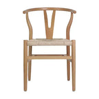 Sedia da pranzo impilabile con design a schienale a Y, struttura in legno massello, seduta in corda di carta kraft intrecciata