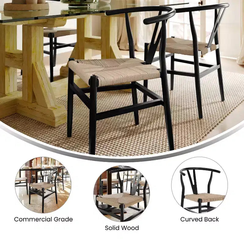 Sedia da pranzo impilabile con design a schienale a Y, struttura in legno massello, seduta in corda di carta kraft intrecciata