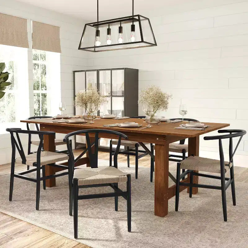 Sedia da pranzo impilabile con design a schienale a Y, struttura in legno massello, seduta in corda di carta kraft intrecciata