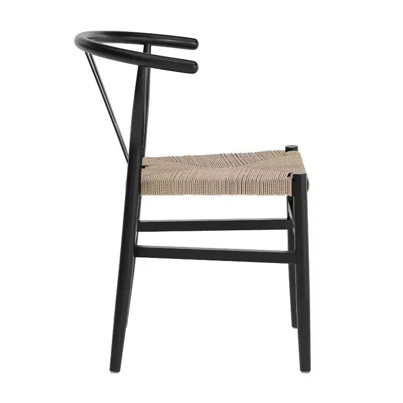 Sedia da pranzo impilabile con design a schienale a Y, struttura in legno massello, seduta in corda di carta kraft intrecciata