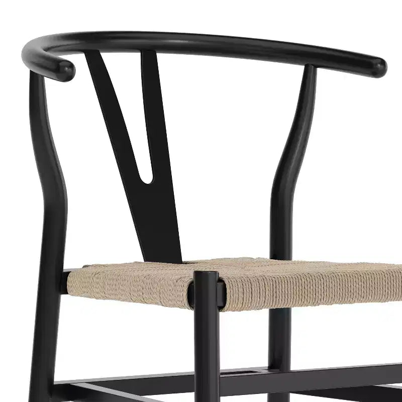Sedia da pranzo impilabile con design a schienale a Y, struttura in legno massello, seduta in corda di carta kraft intrecciata