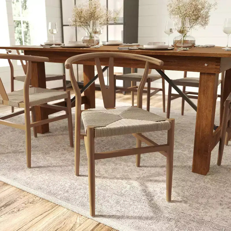 Sedia da pranzo impilabile con design a schienale a Y, struttura in legno massello, seduta in corda di carta kraft intrecciata