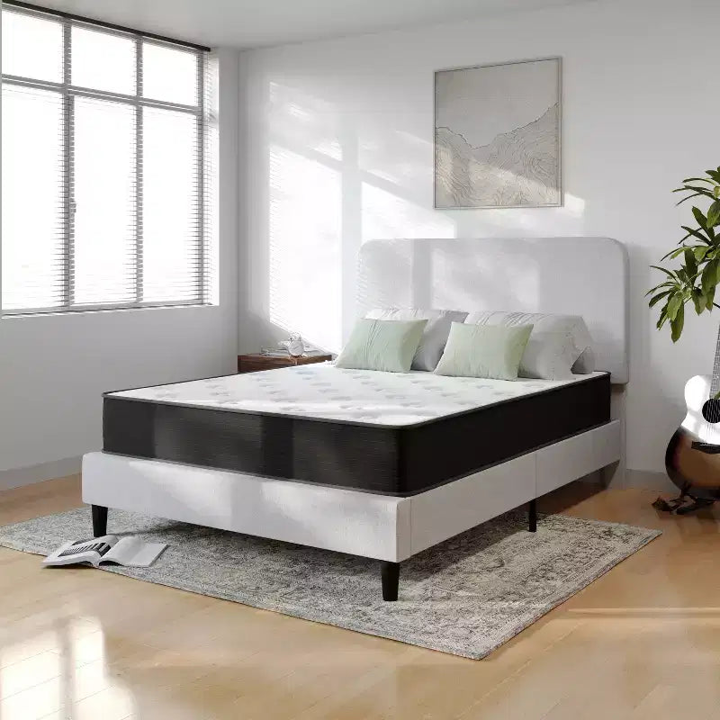 Emma and Oliver 10 Inch Hybrid Mattress, High Density Cooling Foam and Pocket Spring Mattress in a Box, CertiPur-US Certified Foam, White/Black