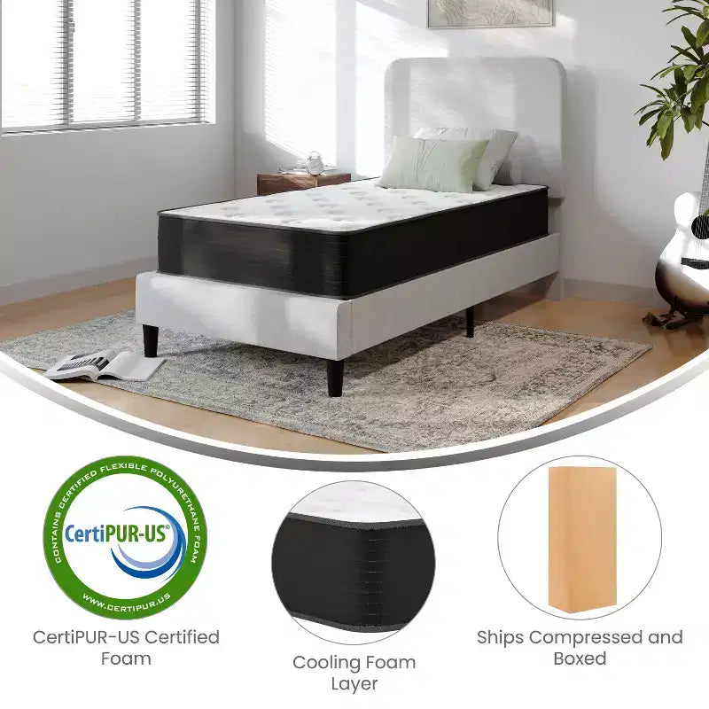 Materasso Ibrido da 25 cm, Schiuma Rinfrescante ad Alta Densità e Materasso a Molle Insacchettate in Scatola, Schiuma Certificata CertiPUR-US, Bianco/Nero