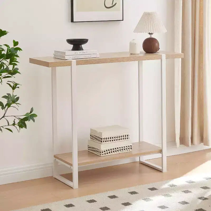Consolle con ripiani - Tavolino da divano moderno in metallo e legno per soggiorno, ingresso, corridoio, atrio