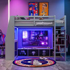 Letto a soppalco da gaming per ragazzi/adulti, per materasso singolo/una piazza e mezza, con scrivania, luci LED, ripiani multi-storage e appendiabiti, struttura in legno salvaspazio