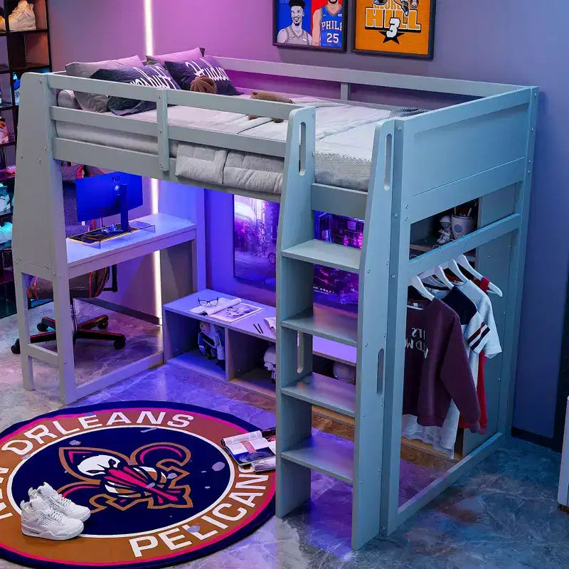 Letto a soppalco da gaming per ragazzi/adulti, per materasso singolo/una piazza e mezza, con scrivania, luci LED, ripiani multi-storage e appendiabiti, struttura in legno salvaspazio