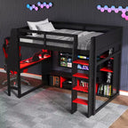 Letto a soppalco da gaming per ragazzi/adulti, per materasso singolo/una piazza e mezza, con scrivania, luci LED, ripiani multi-storage e appendiabiti, struttura in legno salvaspazio