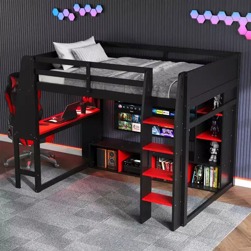 Letto a soppalco da gaming per ragazzi/adulti, per materasso singolo/una piazza e mezza, con scrivania, luci LED, ripiani multi-storage e appendiabiti, struttura in legno salvaspazio