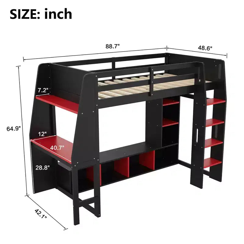Letto a soppalco da gaming per ragazzi/adulti, per materasso singolo/una piazza e mezza, con scrivania, luci LED, ripiani multi-storage e appendiabiti, struttura in legno salvaspazio