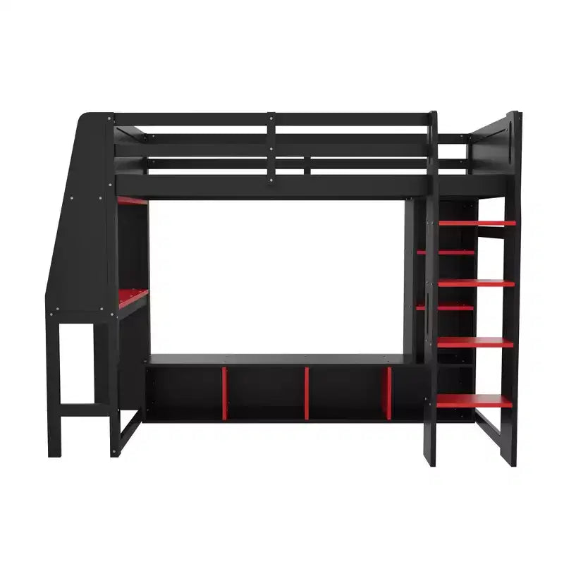 Letto a soppalco da gaming per ragazzi/adulti, per materasso singolo/una piazza e mezza, con scrivania, luci LED, ripiani multi-storage e appendiabiti, struttura in legno salvaspazio
