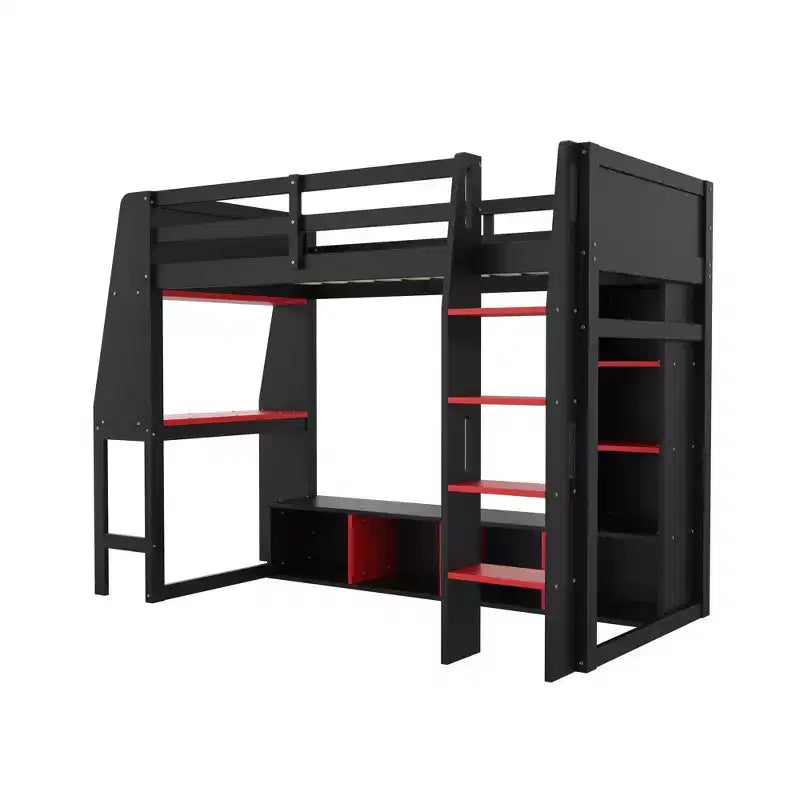 Letto a soppalco da gaming per ragazzi/adulti, per materasso singolo/una piazza e mezza, con scrivania, luci LED, ripiani multi-storage e appendiabiti, struttura in legno salvaspazio