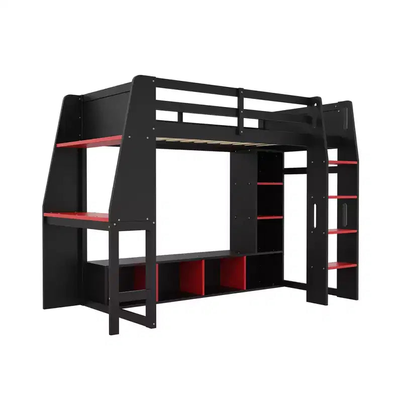 Letto a soppalco da gaming per ragazzi/adulti, per materasso singolo/una piazza e mezza, con scrivania, luci LED, ripiani multi-storage e appendiabiti, struttura in legno salvaspazio