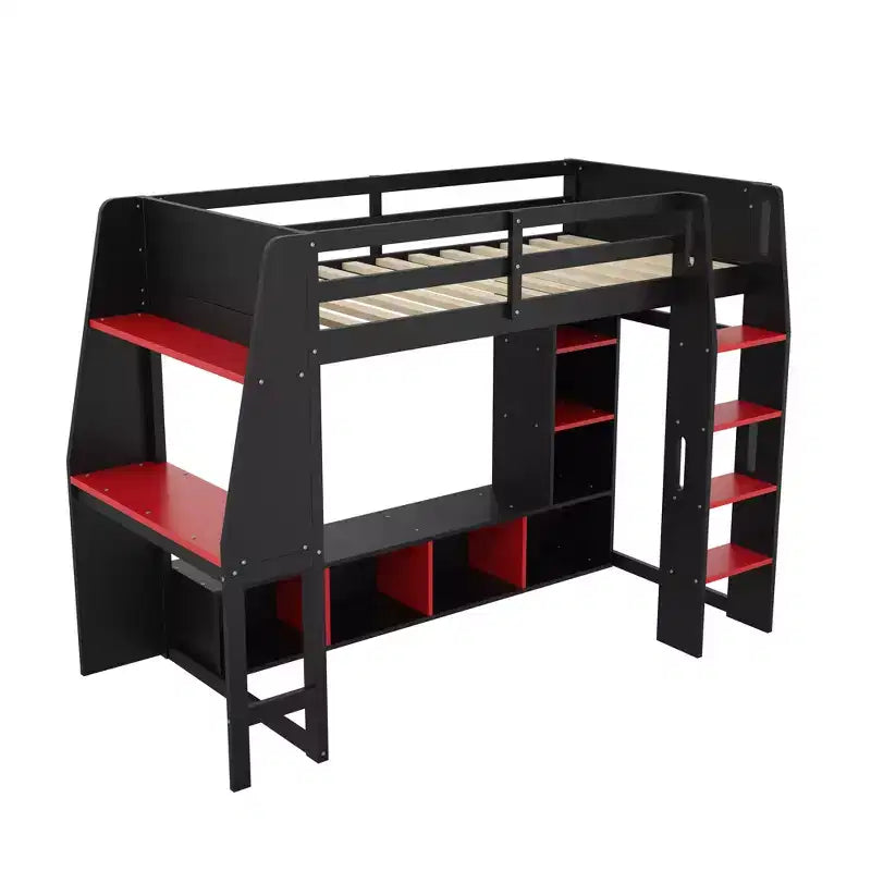 Letto a soppalco da gaming per ragazzi/adulti, per materasso singolo/una piazza e mezza, con scrivania, luci LED, ripiani multi-storage e appendiabiti, struttura in legno salvaspazio