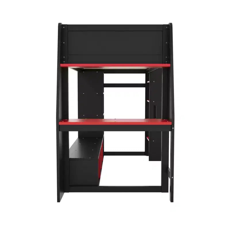 Letto a soppalco da gaming per ragazzi/adulti, per materasso singolo/una piazza e mezza, con scrivania, luci LED, ripiani multi-storage e appendiabiti, struttura in legno salvaspazio