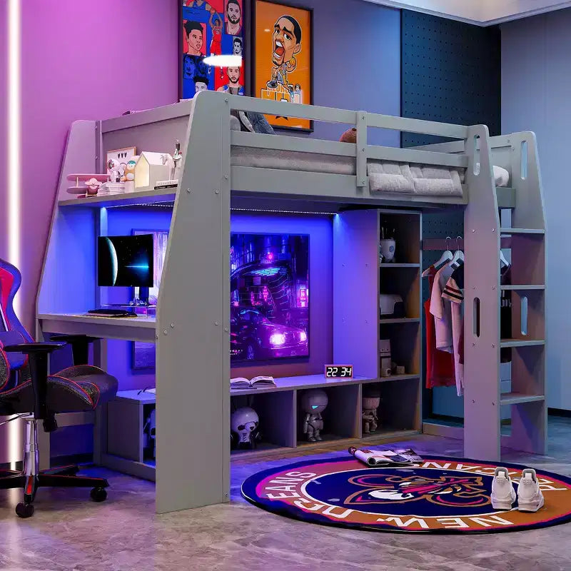 Letto a soppalco da gaming per ragazzi/adulti, per materasso singolo/una piazza e mezza, con scrivania, luci LED, ripiani multi-storage e appendiabiti, struttura in legno salvaspazio
