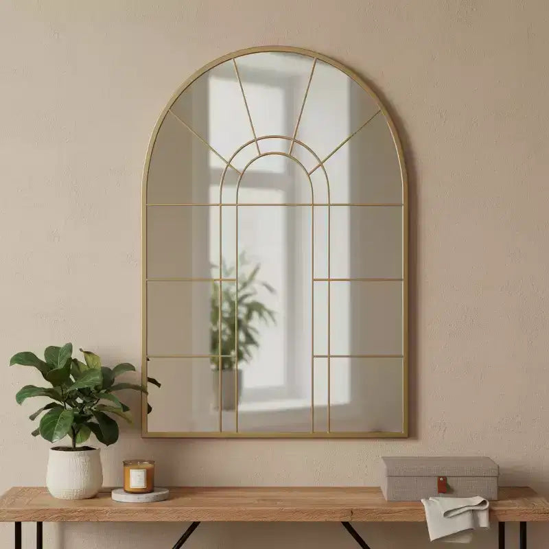 Specchio decorativo incorniciato in metallo nero ad arco a forma di finestra, 41 pollici