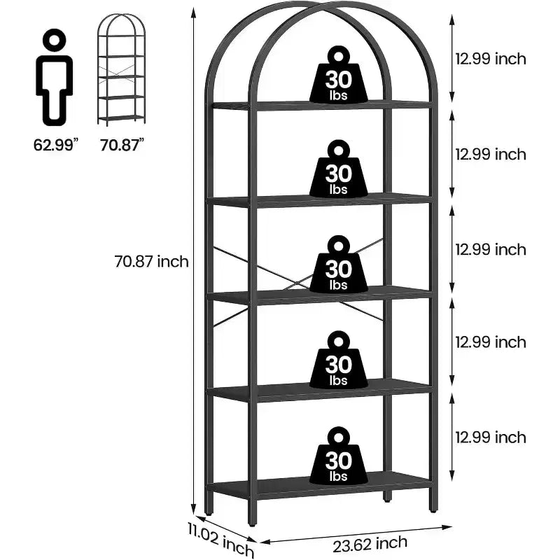 Libreria a 5 ripiani aperta ad arco, scaffali moderni con struttura in metallo, espositore autoportante per camera da letto, soggiorno, ufficio