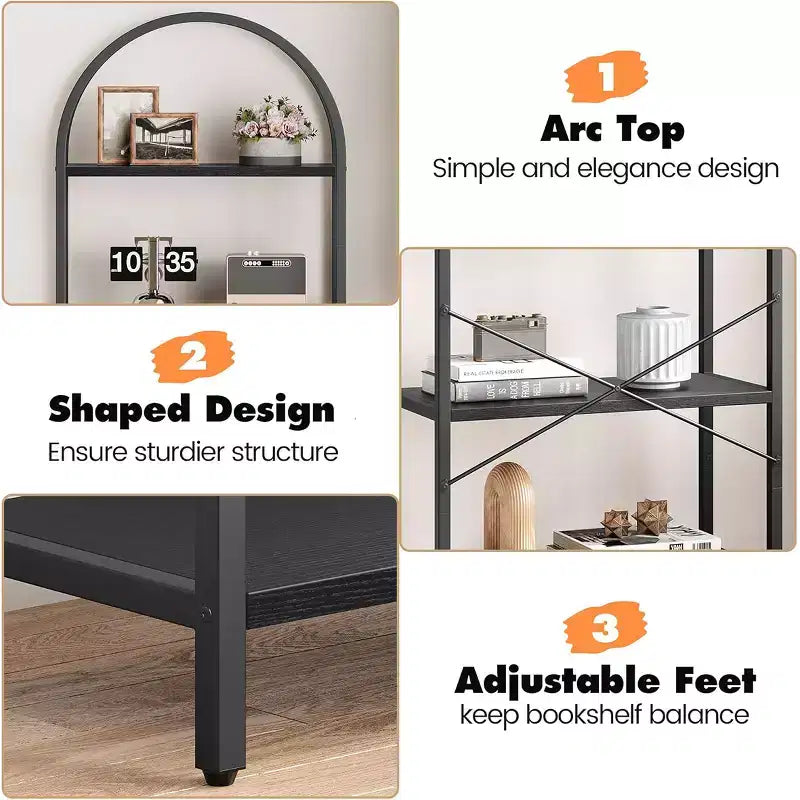 Libreria a 5 ripiani aperta ad arco, scaffali moderni con struttura in metallo, espositore autoportante per camera da letto, soggiorno, ufficio