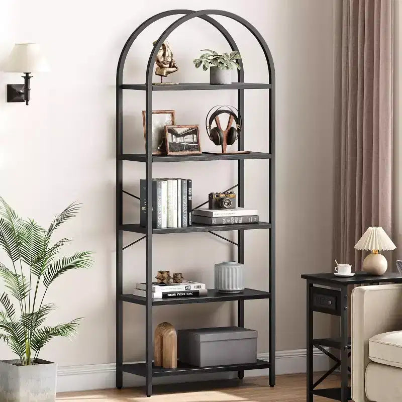 Libreria a 5 ripiani aperta ad arco, scaffali moderni con struttura in metallo, espositore autoportante per camera da letto, soggiorno, ufficio