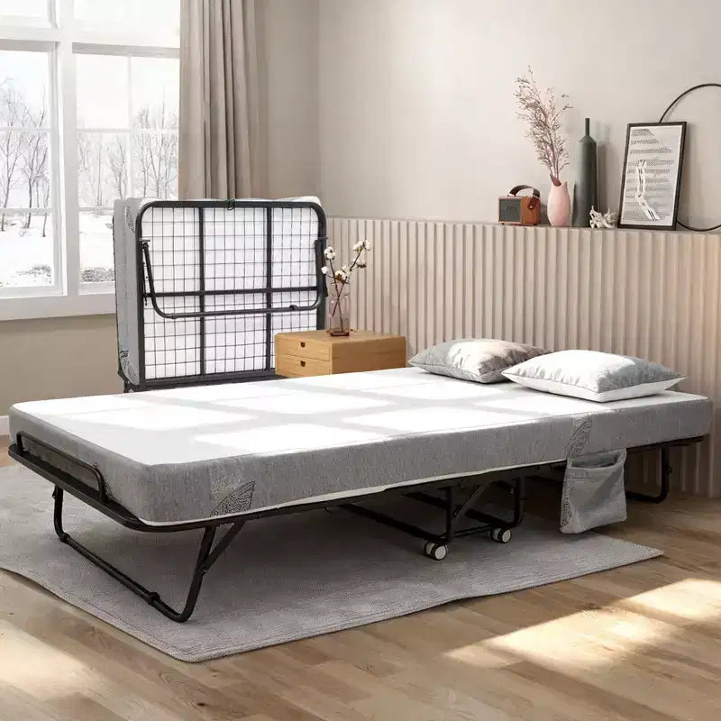 Letto Pieghevole con Materasso, Letto Pieghevole Portatile su Ruote con Tasca Laterale per Ufficio, Camera da Letto, Salvaspazio, Facile da Riporre