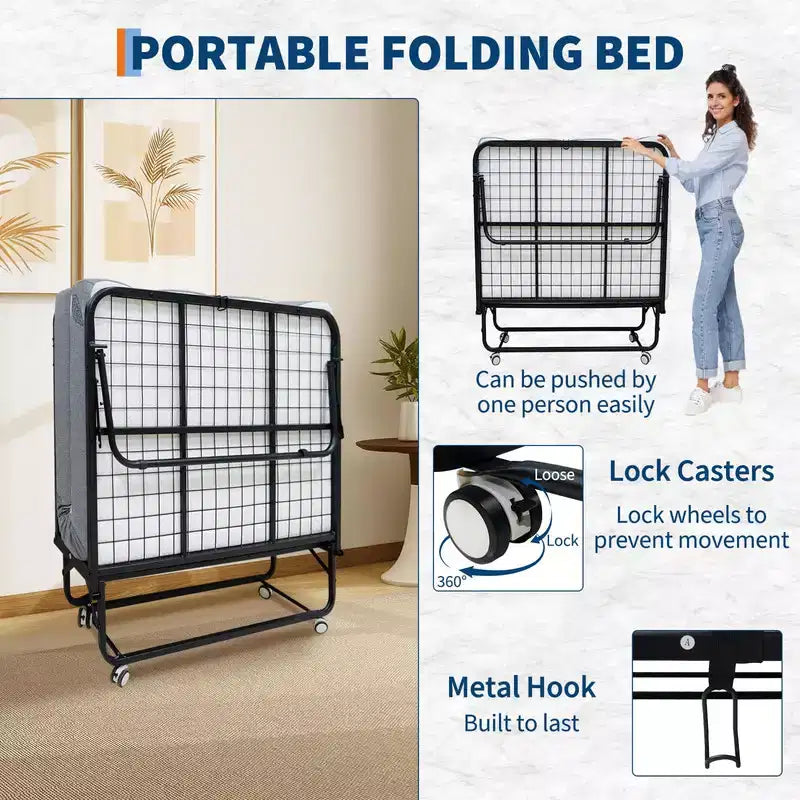 Letto Pieghevole con Materasso, Letto Pieghevole Portatile su Ruote con Tasca Laterale per Ufficio, Camera da Letto, Salvaspazio, Facile da Riporre