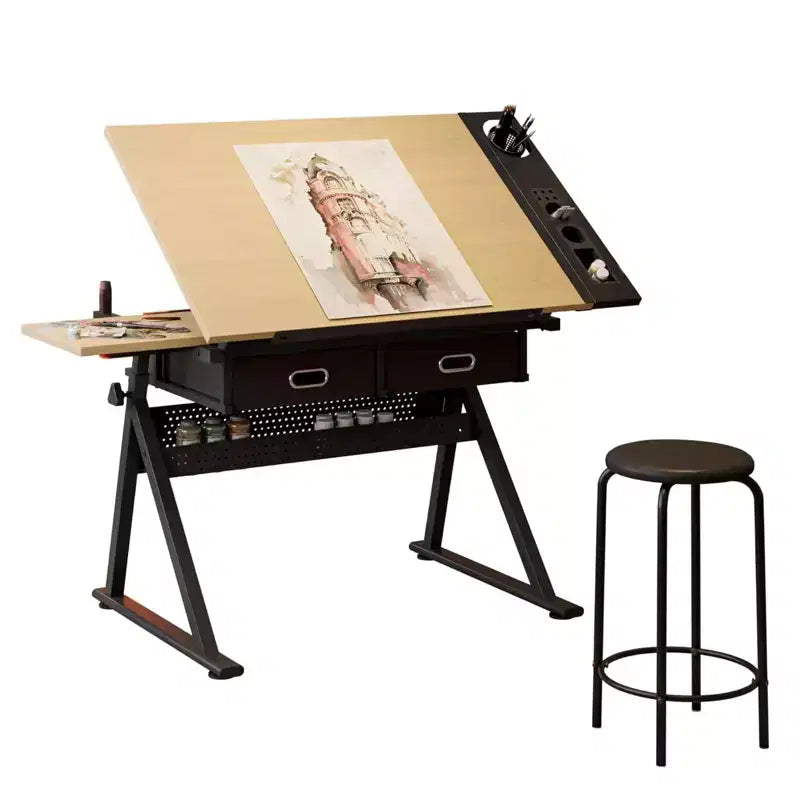 Tavolo da disegno regolabile in altezza, inclinabile da 0 a 75 gradi, scrivania artistica per adulti, tavolo da artista con 2 cassetti portaoggetti con sgabello per ufficio domestico