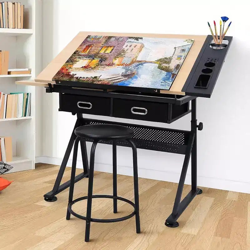 Tavolo da disegno regolabile in altezza, inclinabile da 0 a 75 gradi, scrivania artistica per adulti, tavolo da artista con 2 cassetti portaoggetti con sgabello per ufficio domestico
