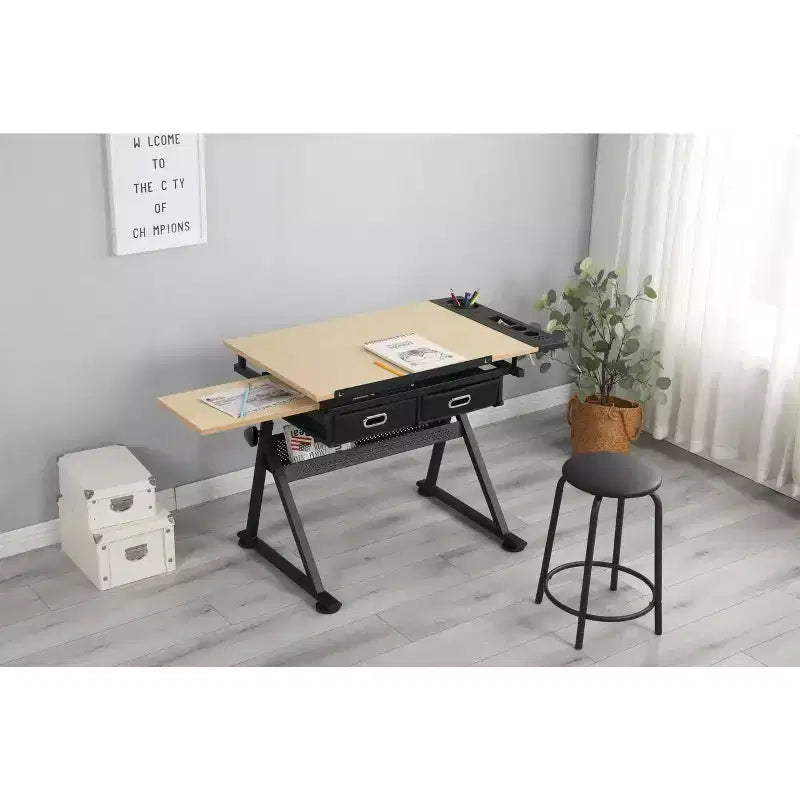 Tavolo da disegno regolabile in altezza, inclinabile da 0 a 75 gradi, scrivania artistica per adulti, tavolo da artista con 2 cassetti portaoggetti con sgabello per ufficio domestico