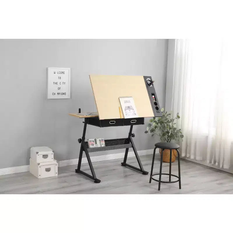 Tavolo da disegno regolabile in altezza, inclinabile da 0 a 75 gradi, scrivania artistica per adulti, tavolo da artista con 2 cassetti portaoggetti con sgabello per ufficio domestico