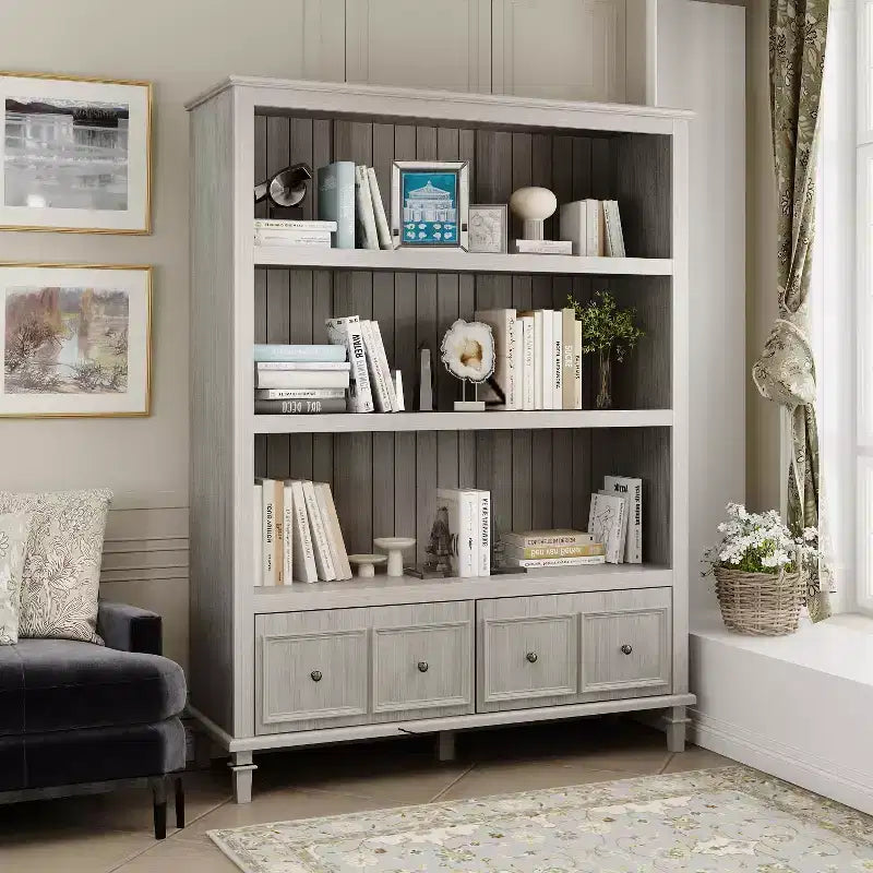 Vetrina Vintage Grigio Chiaro con Gambe Decorative, Libreria Retrò con 3 Ripiani Aperti + 4 Cassetti, Centro di Archiviazione per Ufficio Domestico