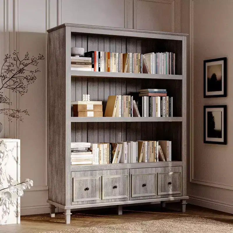 Vetrina Vintage Grigio Chiaro con Gambe Decorative, Libreria Retrò con 3 Ripiani Aperti + 4 Cassetti, Centro di Archiviazione per Ufficio Domestico