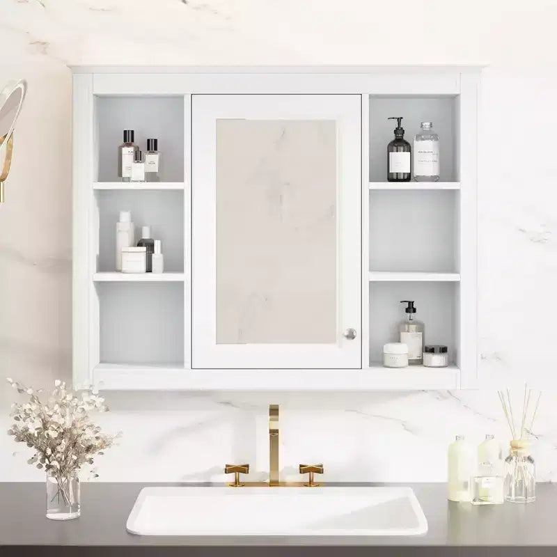 Mobiletto a specchio da bagno a parete con ante a scomparsa, telaio in MDF, design salvaspazio