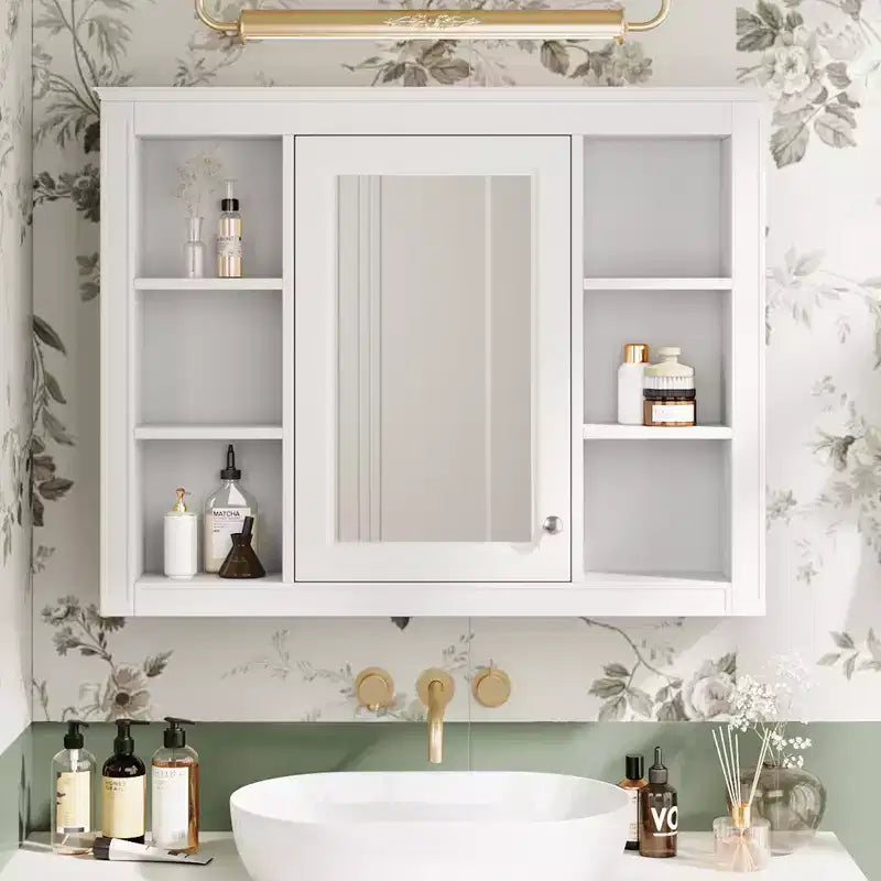Mobiletto a specchio da bagno a parete con ante a scomparsa, telaio in MDF, design salvaspazio