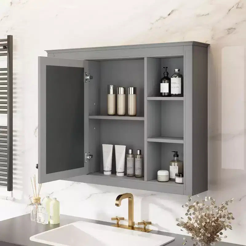 Mobiletto a specchio da bagno a parete con ante a scomparsa, telaio in MDF, design salvaspazio