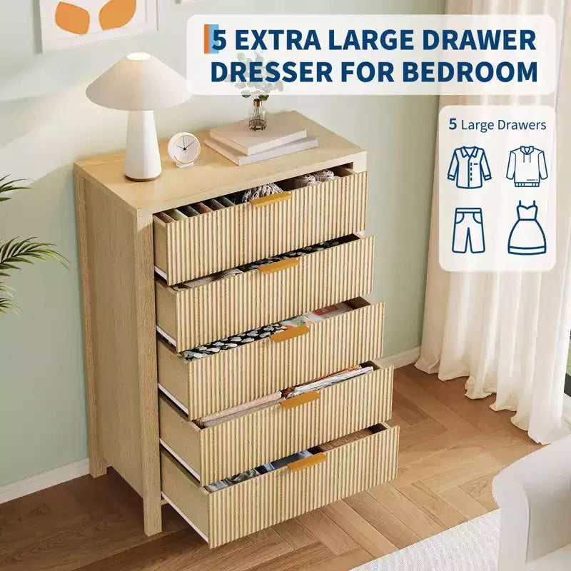 Cassettiera a 5 cassetti scanalata, cassettiera sottile in legno alta 114 cm per piccoli spazi, cassettiera moderna stile farmhouse per camera da letto, cameretta, appartamento