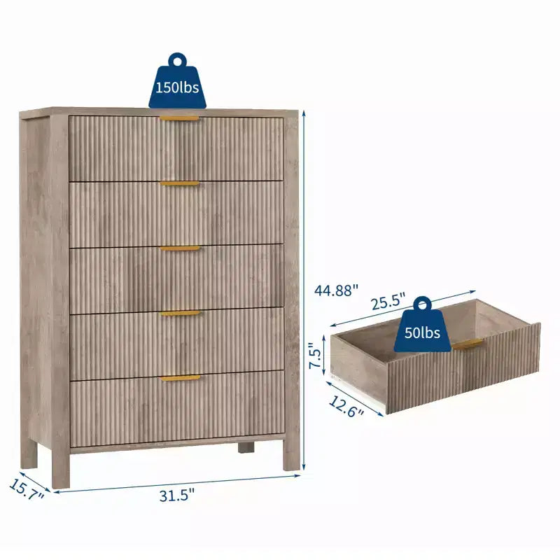 Cassettiera a 5 cassetti scanalata, cassettiera sottile in legno alta 114 cm per piccoli spazi, cassettiera moderna stile farmhouse per camera da letto, cameretta, appartamento