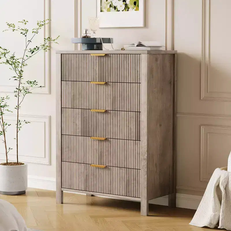 Cassettiera a 5 cassetti scanalata, cassettiera sottile in legno alta 114 cm per piccoli spazi, cassettiera moderna stile farmhouse per camera da letto, cameretta, appartamento