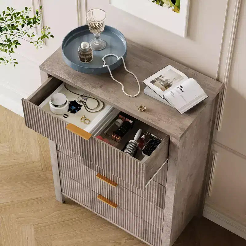 Cassettiera a 5 cassetti scanalata, cassettiera sottile in legno alta 114 cm per piccoli spazi, cassettiera moderna stile farmhouse per camera da letto, cameretta, appartamento